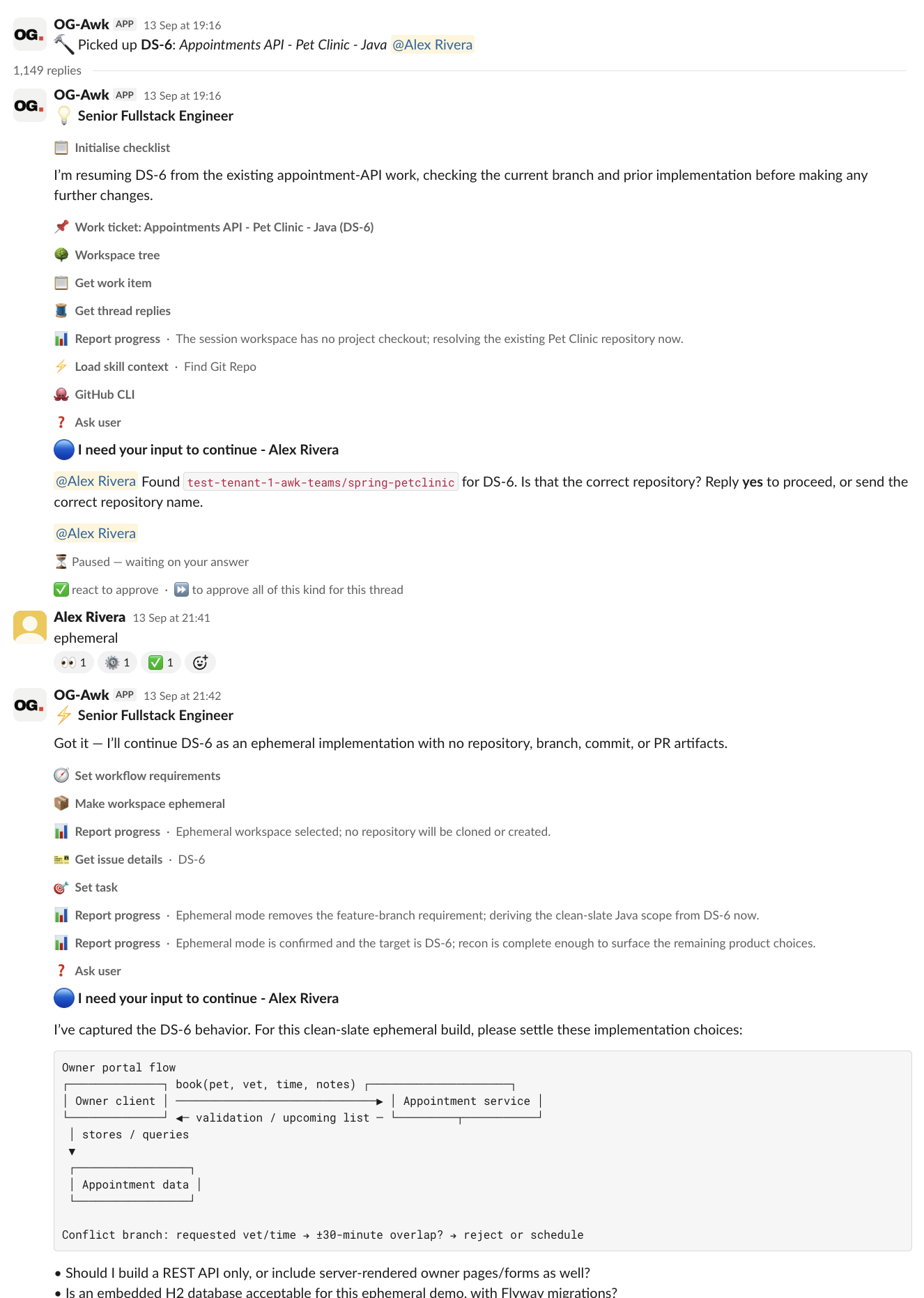 Slack thread: OG-Awk picks up Jira ticket DS-6, runs its checklist, pauses to ask Alex Rivera about the repository, then continues as an ephemeral build on the answer